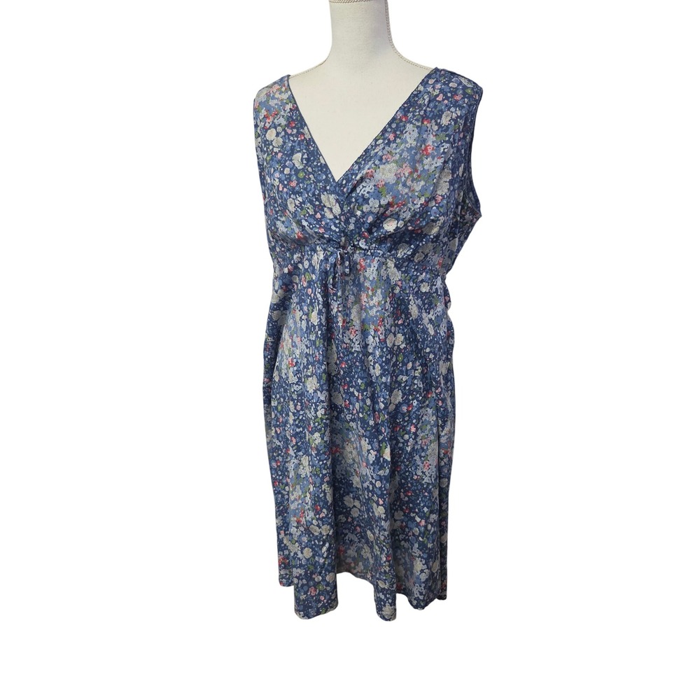 Eddie Bauer Blue Floral Cotton Sleeveless V-Neck Midi Dress Plus Size 18 Cotton